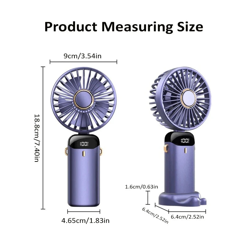3000mAh Mini USB Fan | Foldable 5-Speed Fan with Display & Phone Stand