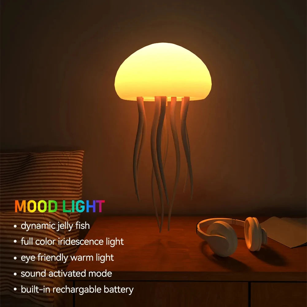 Jellyfish Cartoon LED Night Light Voice Control Gradient Cute Rotating Jellyfish Hanging Bedside Lamp RGB Table Lamps Room Decor