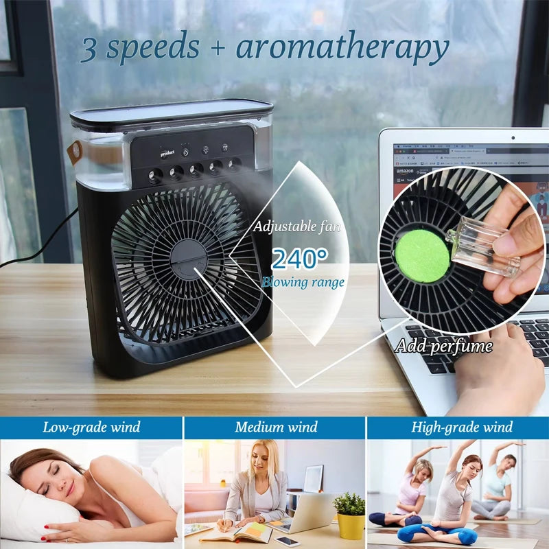 Portable USB Air Conditioner Fan Humidifier | 3-in-1 Mini Air Cooler with LED Light